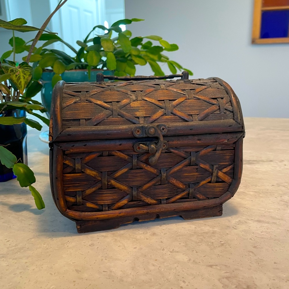 Vintage handmade wooden and woven box